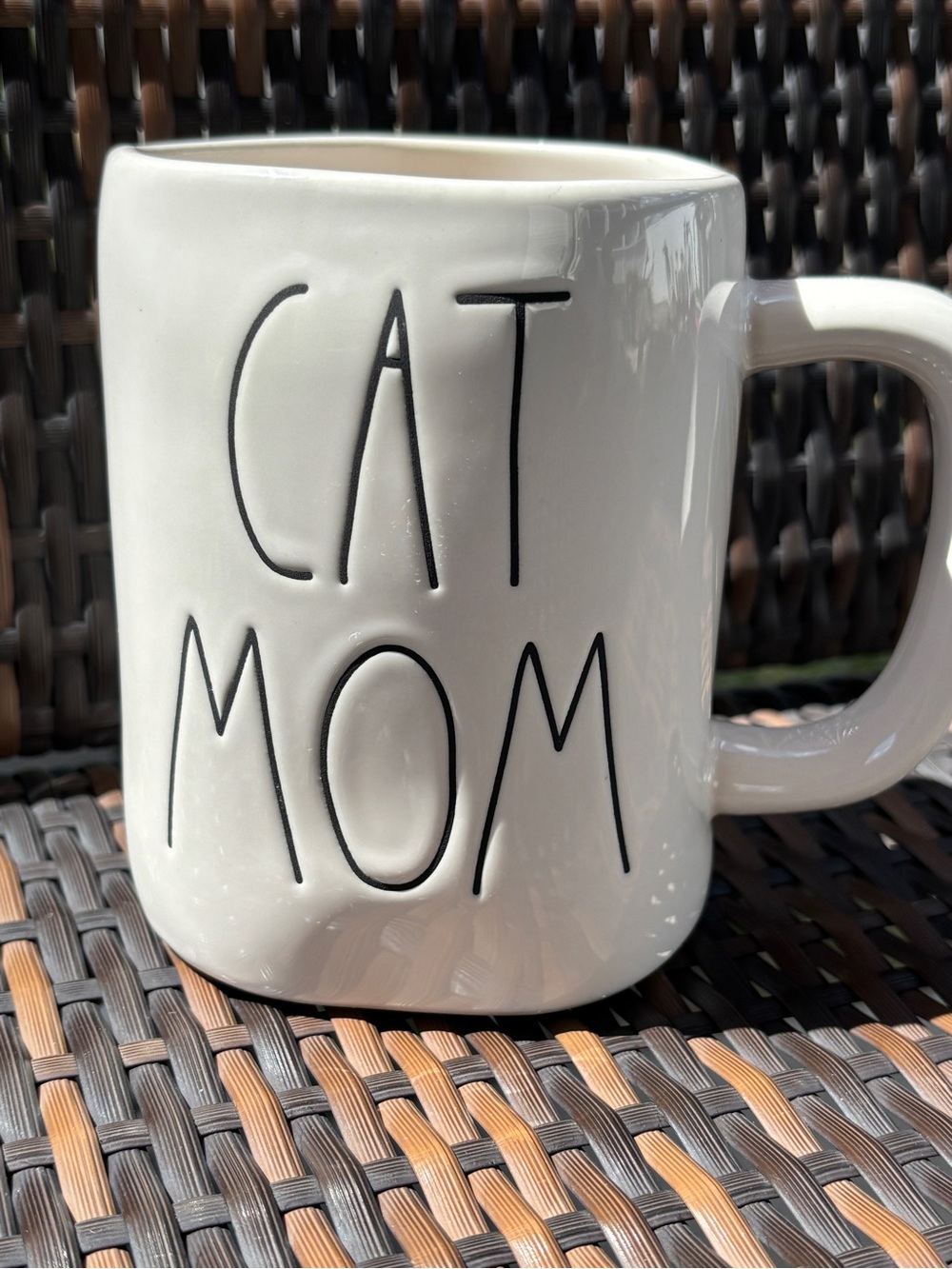 Rae Dunn White 'CAT MOM' Ceramic Mug with Black Lettering